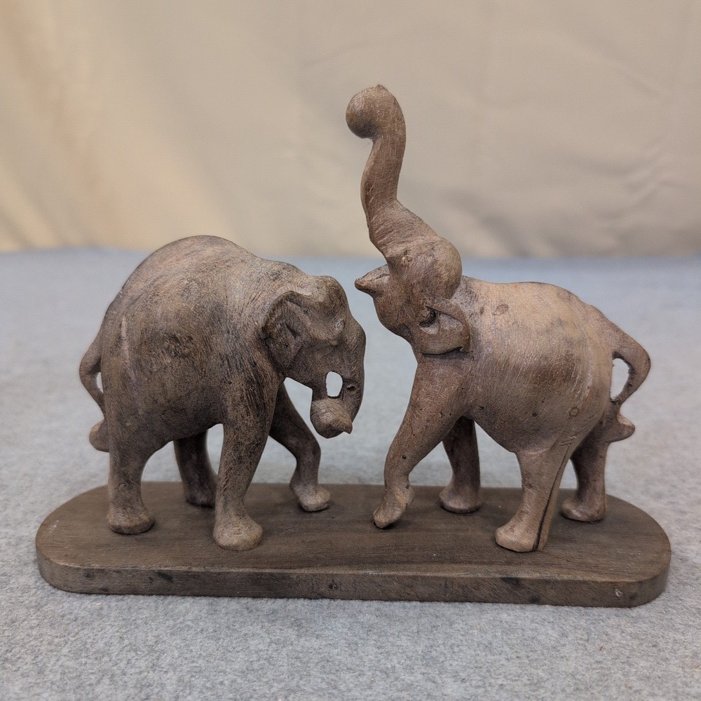 Hand Carved Wooden Elephant Figurine Pair on Base Brown Rustic Home Decor - Picture 1 of 5
